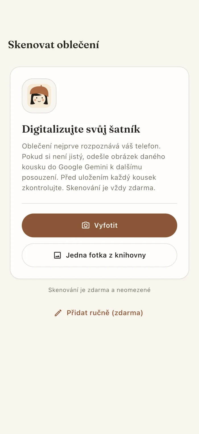 Obrazovka aplikace pro skenování oděvů