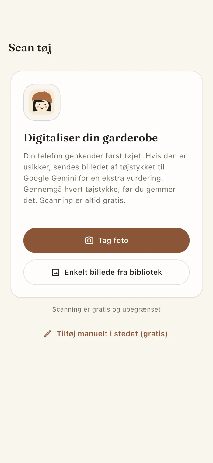 Appens skærm til scanning af tøj