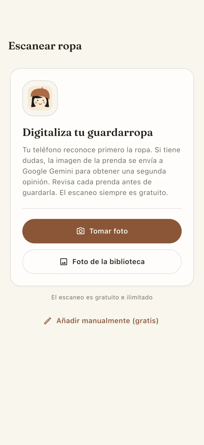 Pantalla de escaneo de prendas de la app