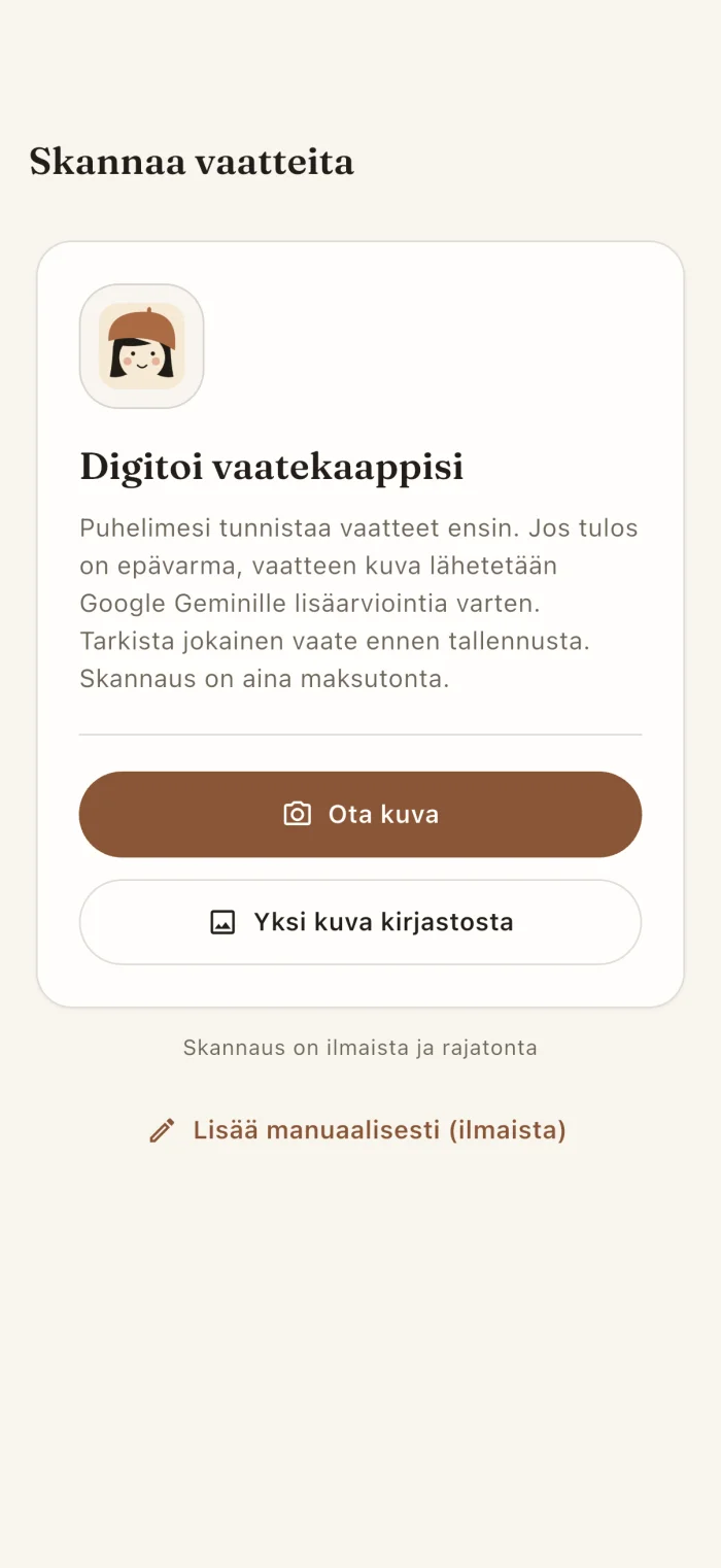 Sovelluksen vaatteiden skannausnäkymä