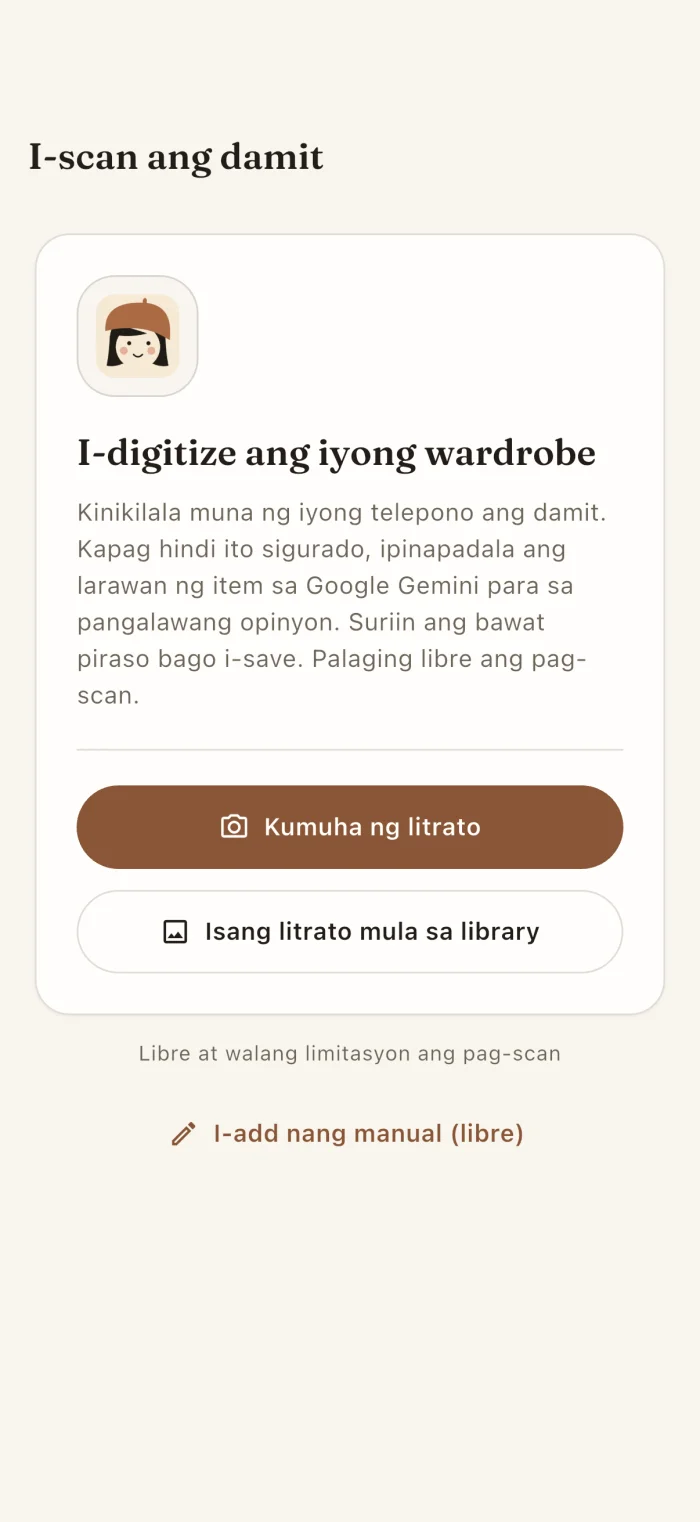 Screen ng app para sa pag-scan ng damit