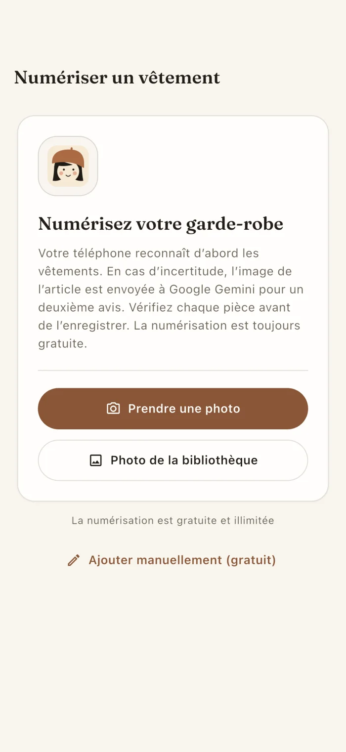 Écran de numérisation des vêtements dans l’application