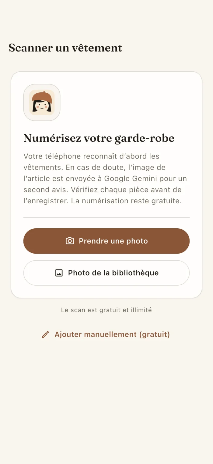 Écran de numérisation des vêtements dans l’application