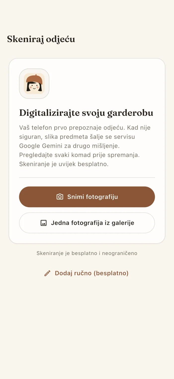 Zaslon aplikacije za skeniranje odjevnih komada