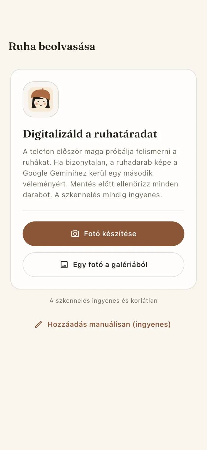 Az alkalmazás ruhadarab-szkennelő képernyője
