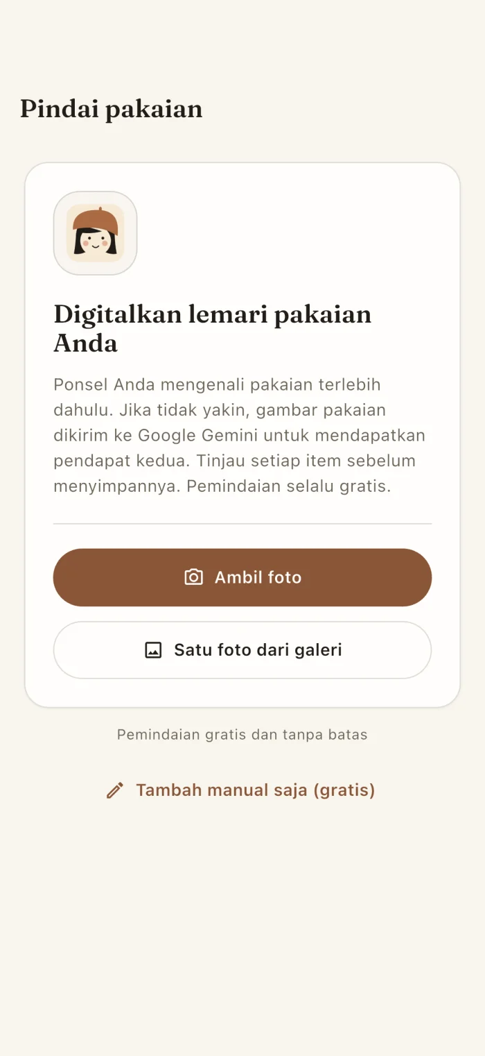 Layar pemindaian pakaian di aplikasi