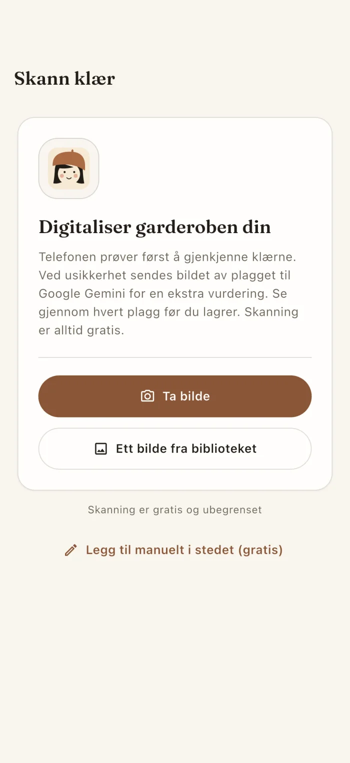Appens skjerm for skanning av plagg