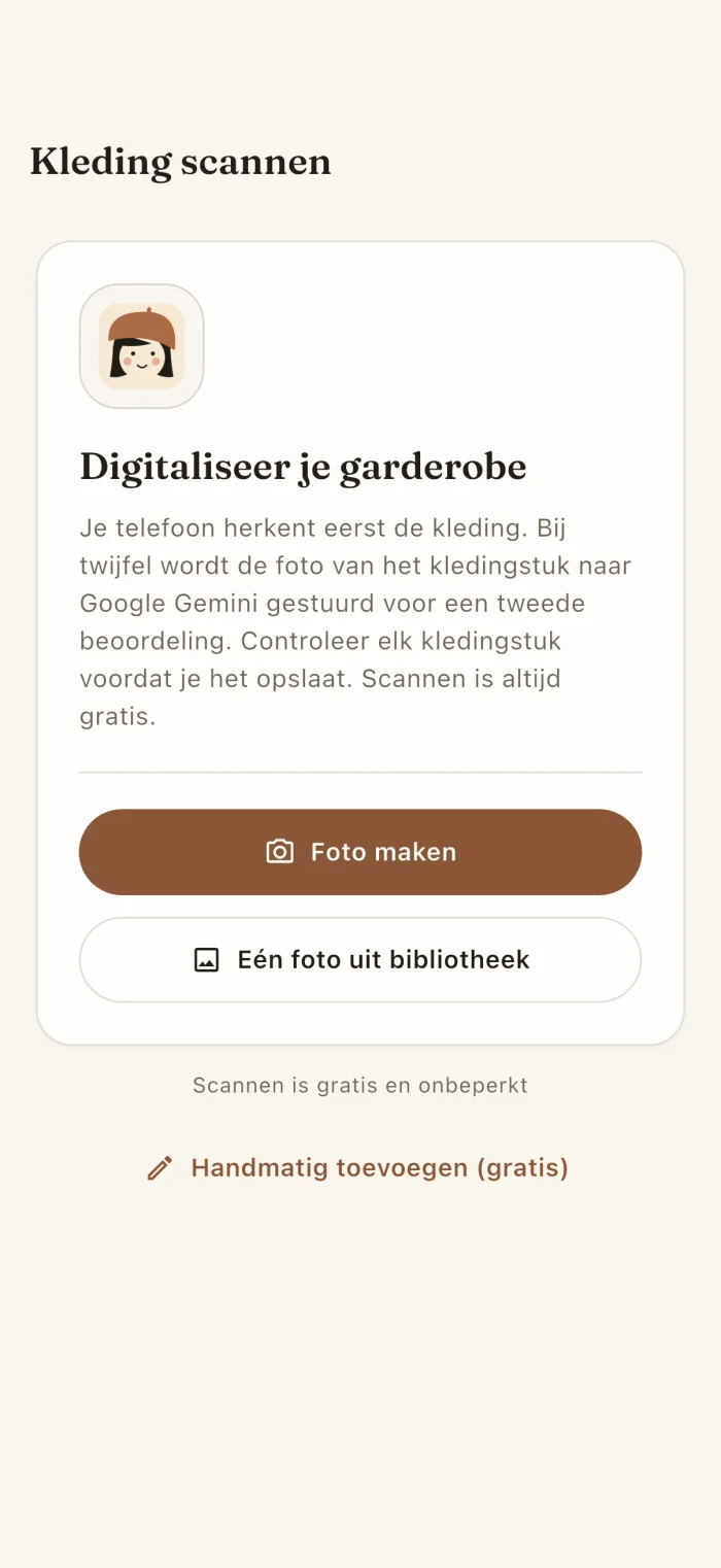 Het scherm van de app voor het scannen van kledingstukken