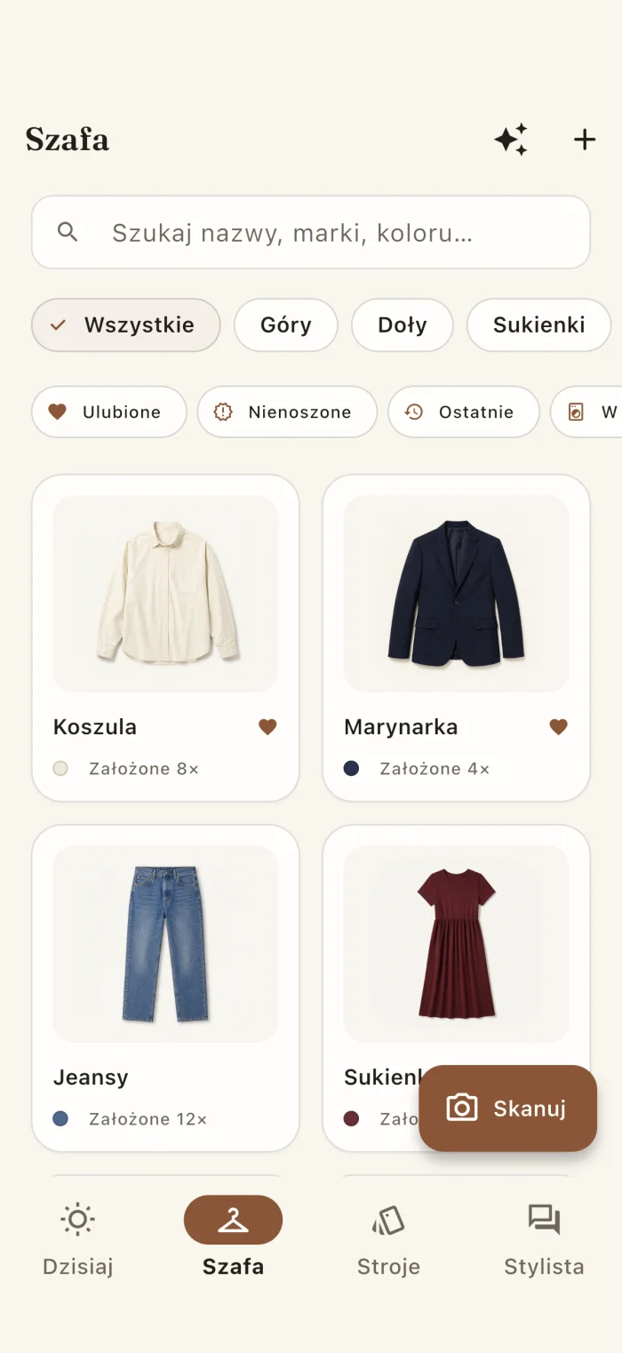 Ekran garderoby w aplikacji z elementami odzieży
