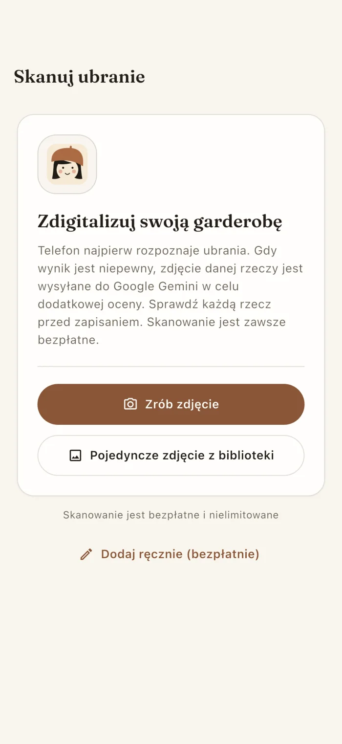 Ekran skanowania odzieży w aplikacji