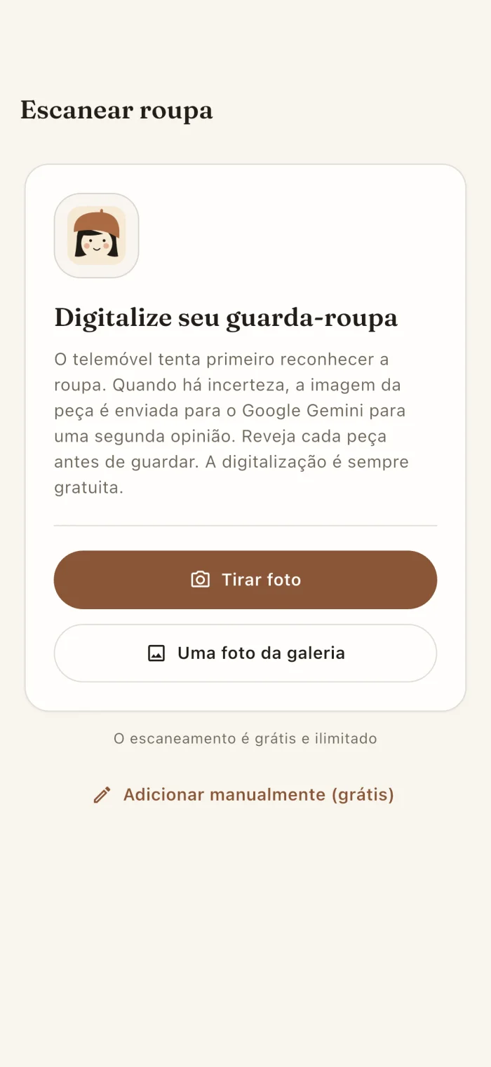 Tela do app para digitalização de peças de roupa