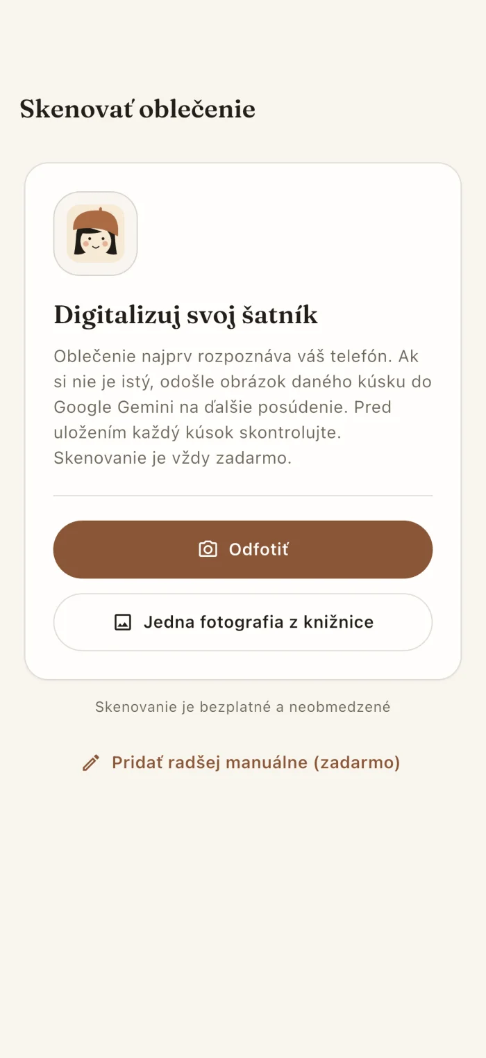 Obrazovka aplikácie na skenovanie odevu