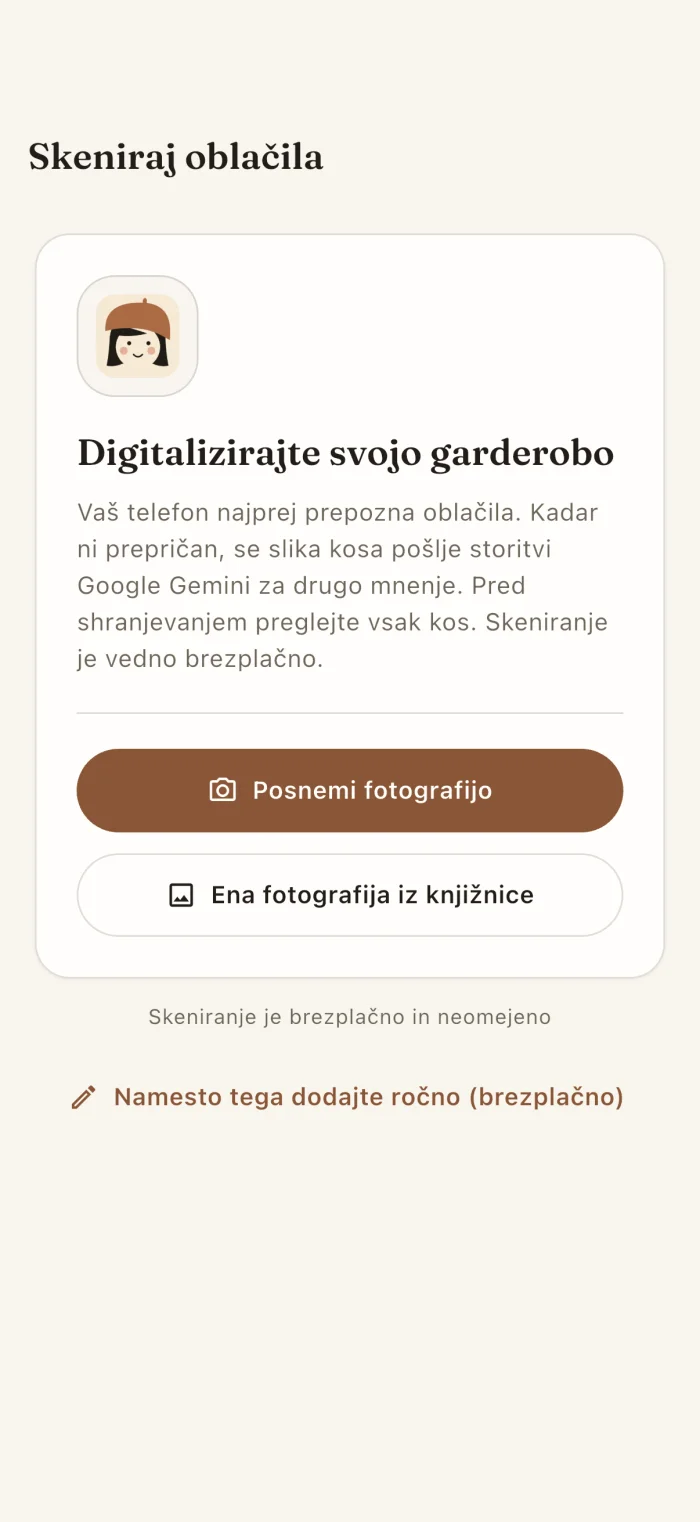 Zaslon aplikacije za skeniranje oblačil
