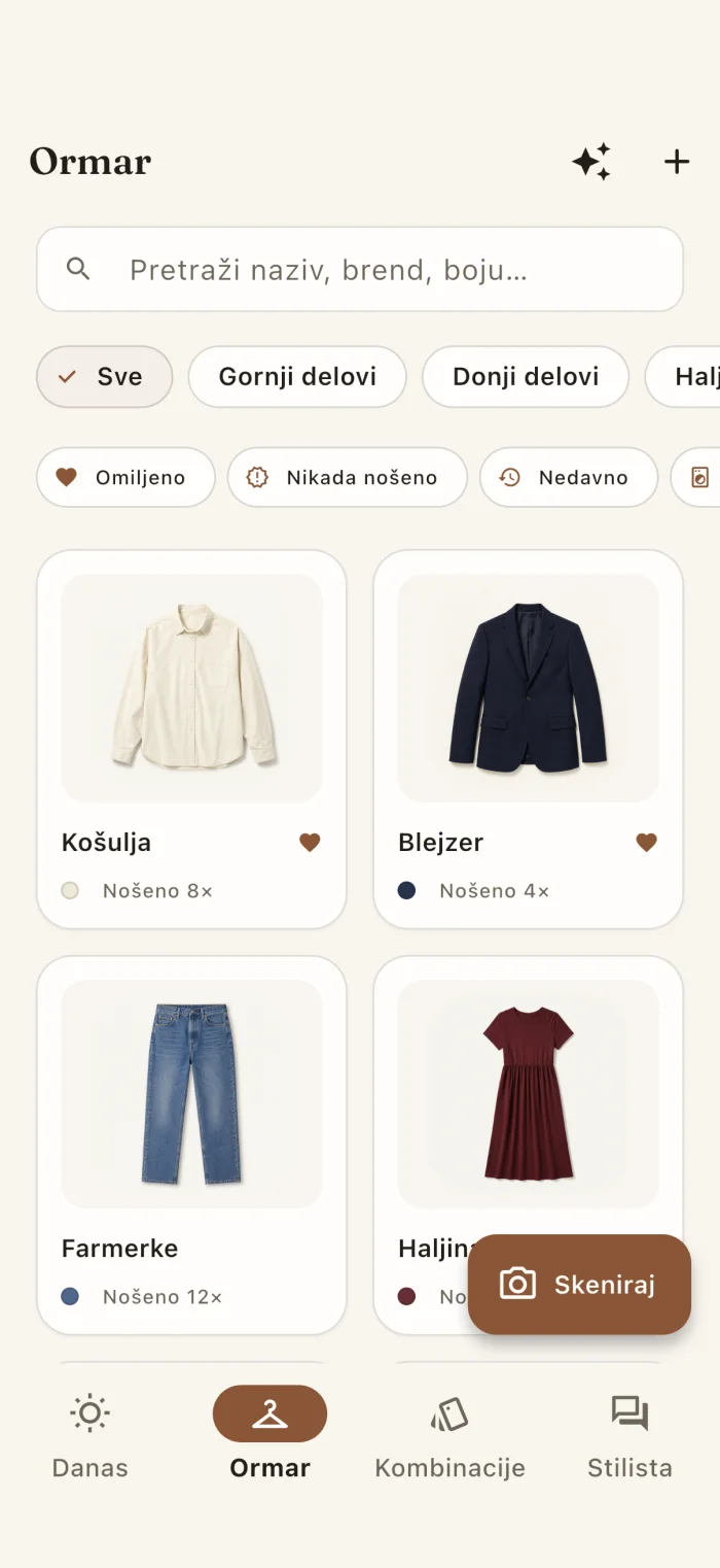Ekran garderobe u aplikaciji sa prikazom odeće