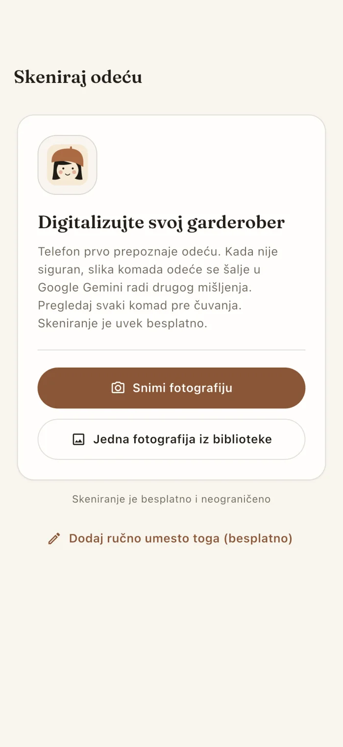 Ekran aplikacije za skeniranje odevnih predmeta