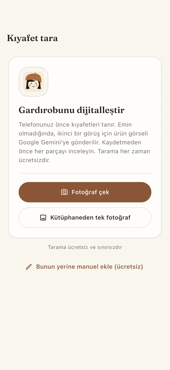 Uygulamanın kıyafet tarama ekranı