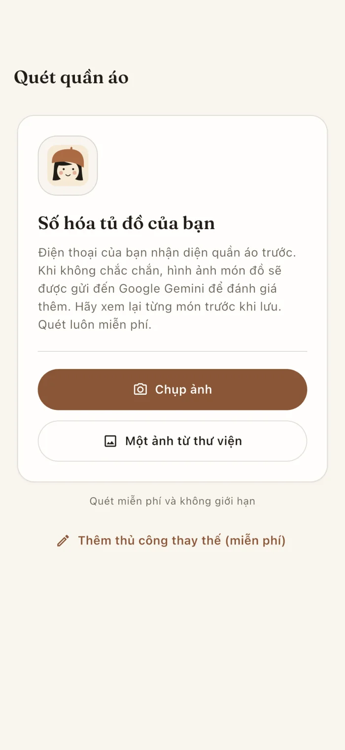 Màn hình quét trang phục của ứng dụng