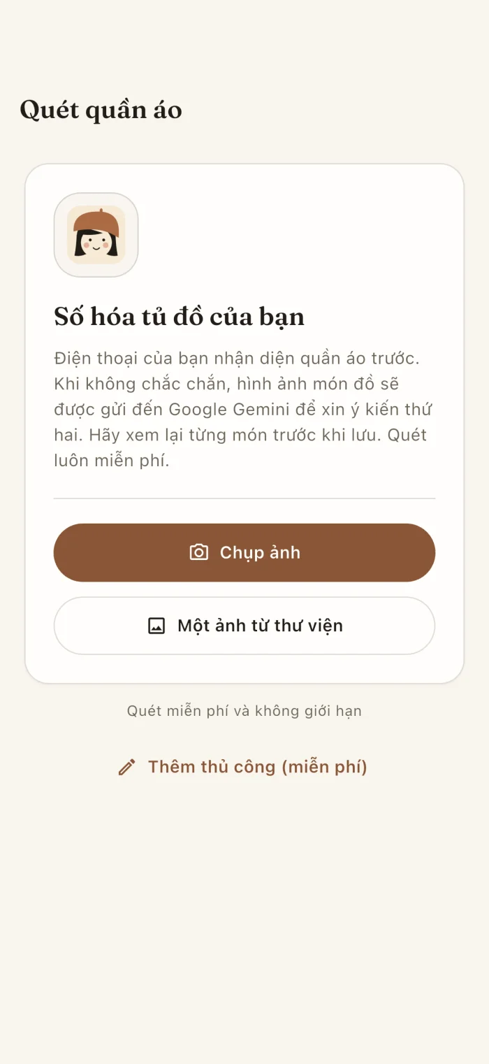 Màn hình quét trang phục của ứng dụng